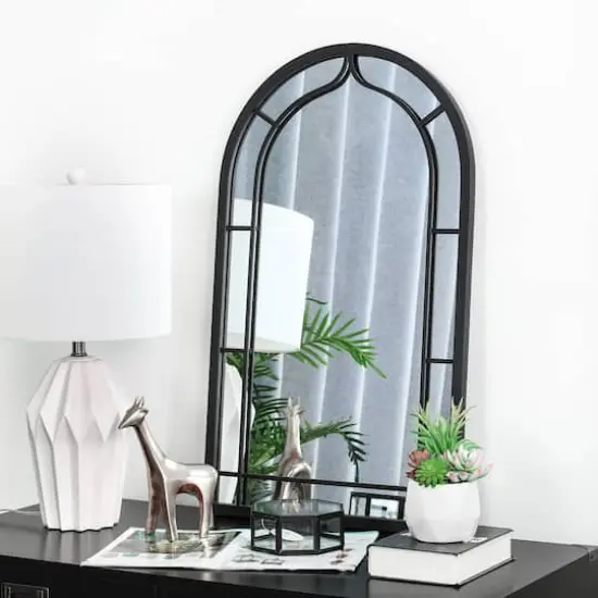 Glitzhome&reg; 33" Black Arched Windowpane Wall Mirror {3}