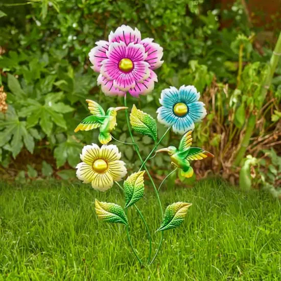 Glitzhome&reg; 34" Flowers & Hummingbirds Garden Stake {3}