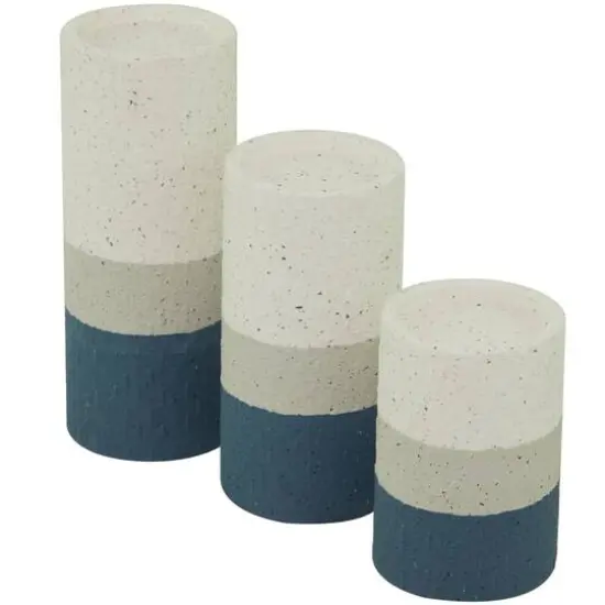 Blue Metal Striped Pillar Candle Holder Set {3}