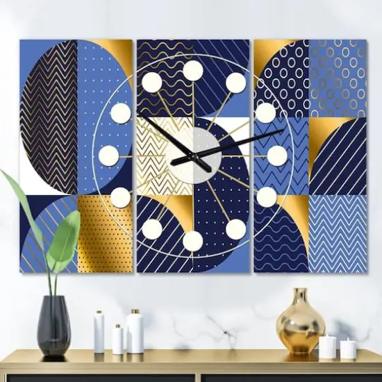 Designart Retro Luxury Waves in Gold & Blue IV Mid-Century Modern Multipanel Wall Clock {3}