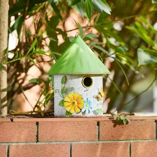 Glitzhome&reg; 11" Distressed Metal Birdhouse with 3D Flowers & Butterfly {7}