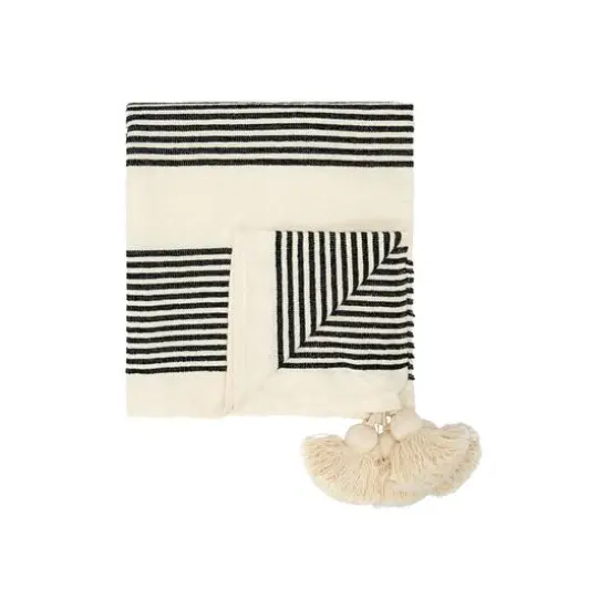 Hello Honey® Black & Cream Striped Cotton & Chenille Woven Throw Blanket with Tassels {3}