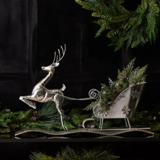 2ft. Hammered Metal Reindeer with Sleigh {4}