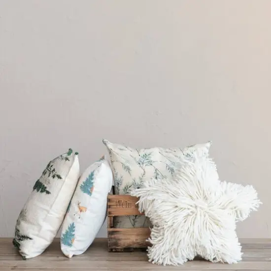 Hello Honey&reg; 16" x 16" Square Natural, Green & Brown Fabric Blend Pillow with Embroidered Deer & Trees {3}