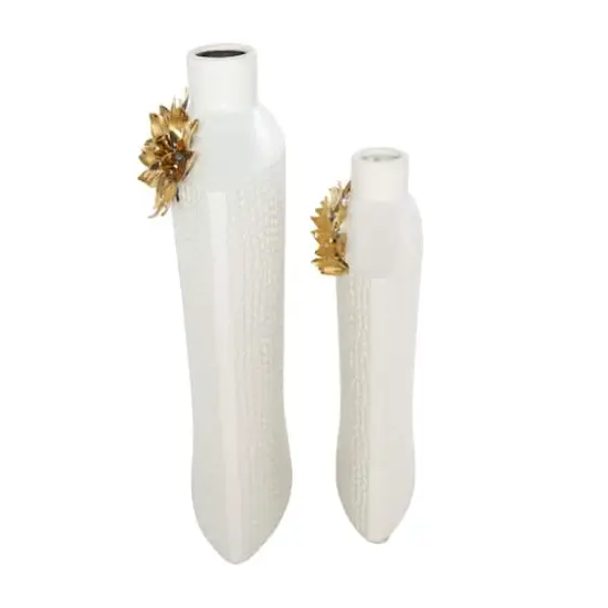 White & Gold Leaf Accent Ceramic Vase Set {5}