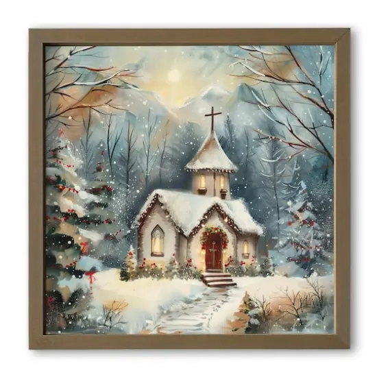 Snowy Holiday Church 16" x 16" Brown Framed Print {1}