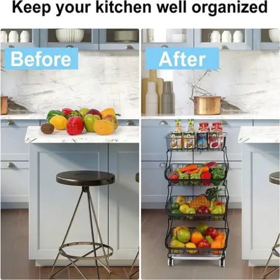 Black 4-Tier Fruit Storage Basket Rolling Cart {6}