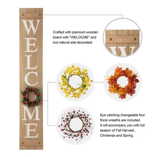 Glitzhome® 5ft. Brown Welcome Wood Porch Sign with 4 Changeable Wreaths {7}