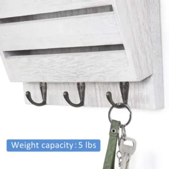 NEX&trade; 10" Rustic White Gray Wood Wall-Mounted Mail & Key Holder Organizer with 3 Key Hooks {3}