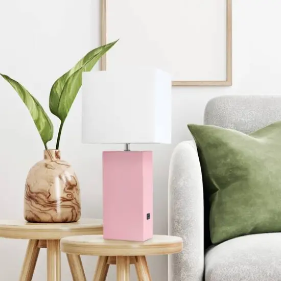 Lalia Home Lexington 21" Leather Table Lamp with USB Charging Port Pink {5}