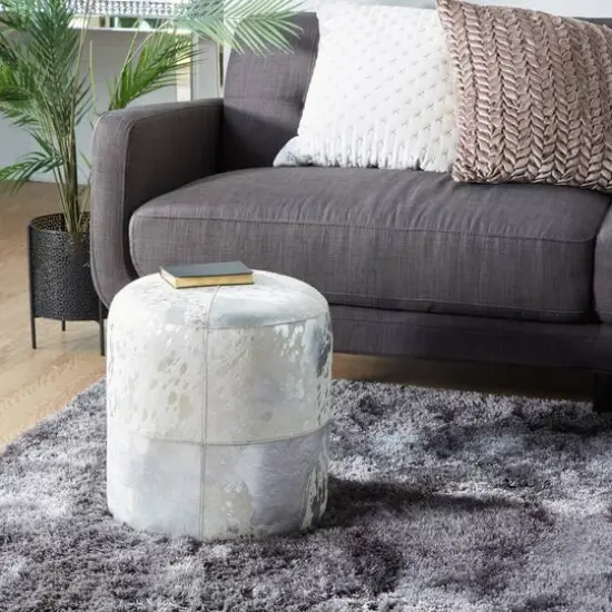 17" Silver & White Leather & Wood Glam Ottoman {7}