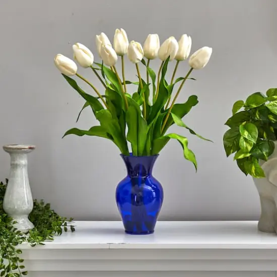 22" White Dutch Tulip Arrangement in Blue Vase {4}