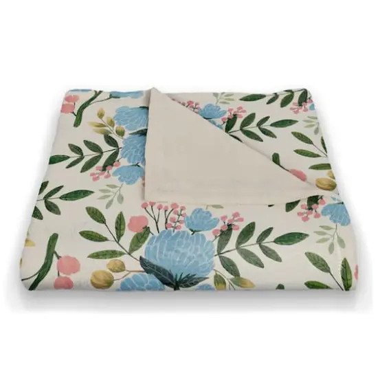 White Throw Blanket with Blue Floral Pattern {1}