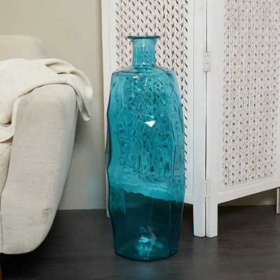 29" Teal Recycled Glass Tall Spanish Bottleneck Vase {7}