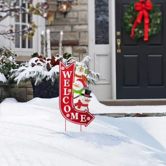 Glitzhome&reg; 35.75" Metal Christmas Snowmen Arrow Welcome Yard Stake {4}