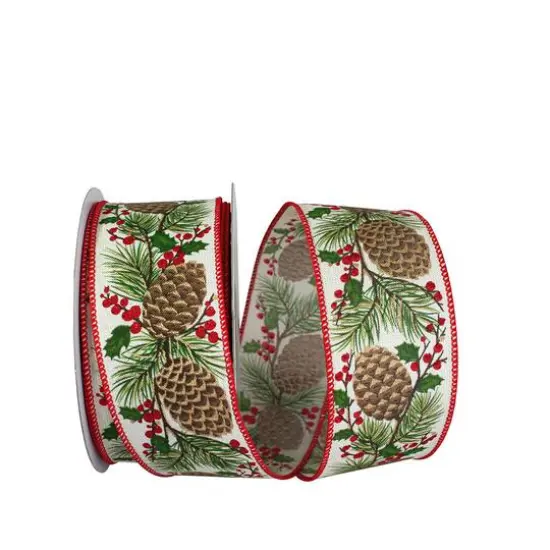 JAM Paper 2.5" x 20yd. x 20yd. Ivory Pinecone Berry Sprig Linen Wired Ribbon {1}