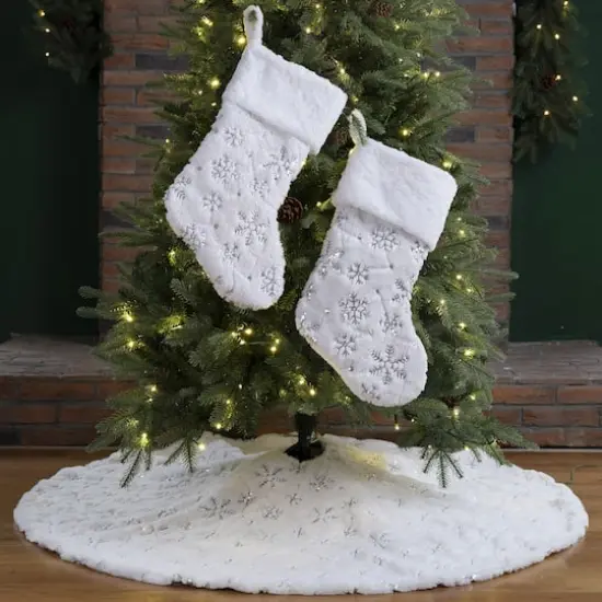 Glitzhome&reg; White Plush with Snowflake Christmas Stocking & Tree Skirt Set {3}