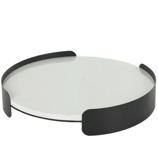 15.75" White Marble Round Living Room D&eacute;cor Tray with Black Metal Frame {1}