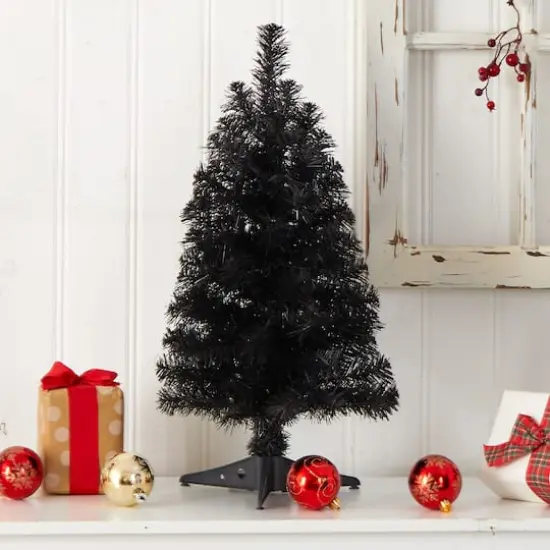 2ft. Pre-Lit Black Artificial Christmas Tree, Warm White LED Lights {9}