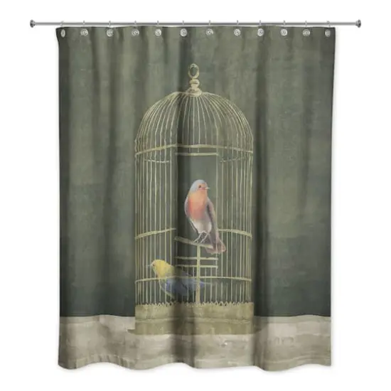 Gold Birdcage with Birds on Green 71" x 74" Shower Curtain {3}