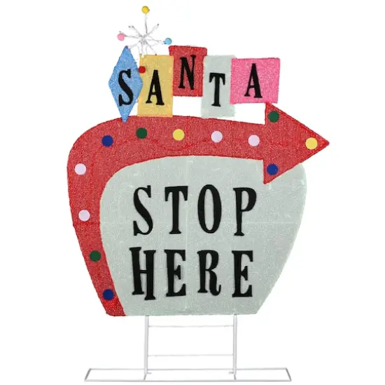 4ft. 2D Vintage Vegas Santa Stop Here Sign with Cool White, Warm White & Red Flowing UL LED Lights {6}