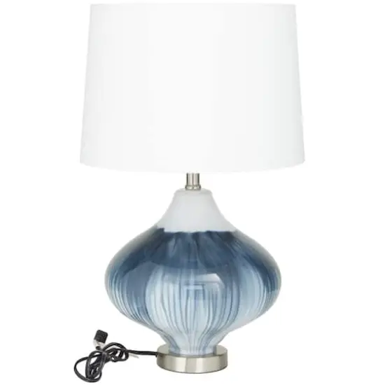 Blue Glass Gourd Style Base Table Lamp with Drum Shade 14" x 14" x 24" {3}