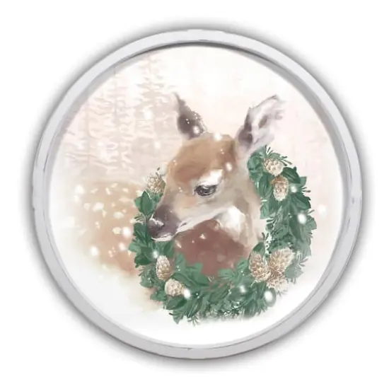 Christmas Wreath Fawn Round White Framed Print Wall Art {1}