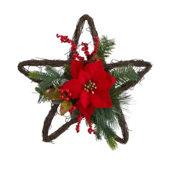 16" Holiday Christmas Poinsettia Star Twig Wreath {1}