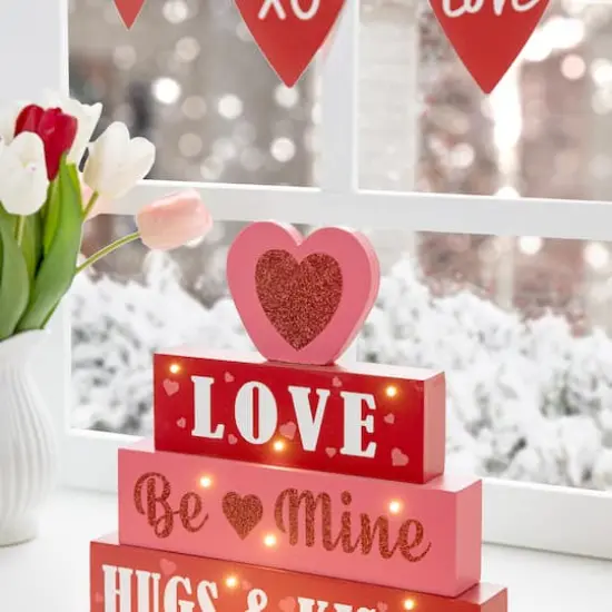 Glitzhome&reg; 11.25"Lighted Valentine's Wooden Block Table Sign {4}