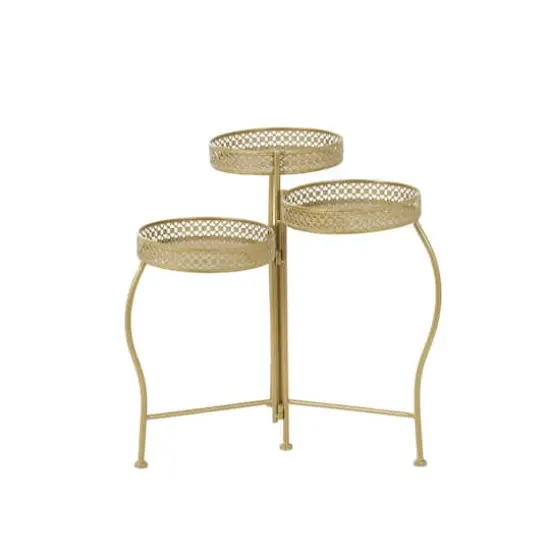 20" Gold Metal Curved Folding 3 Tier Plantstand with Floral & Scroll Patterns {3}