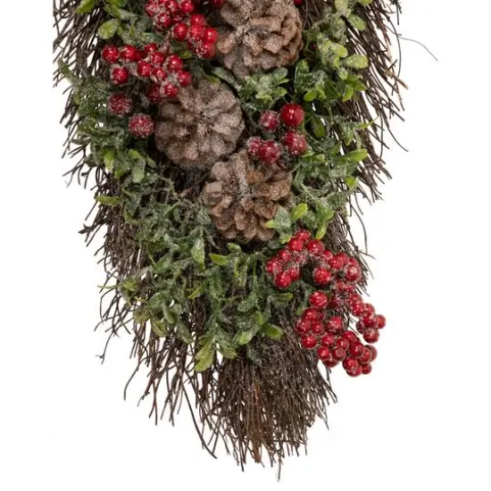 28" Unlit Glittered Boxwood, Pine Cones & Red Berry Teardrop Swag {7}