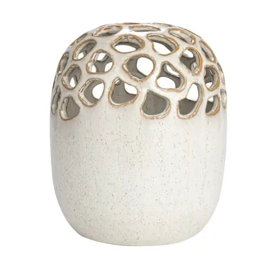 Hello Honey® 7.5" Cream Stoneware Flower Frog Vase with Reactive Glaze {9}
