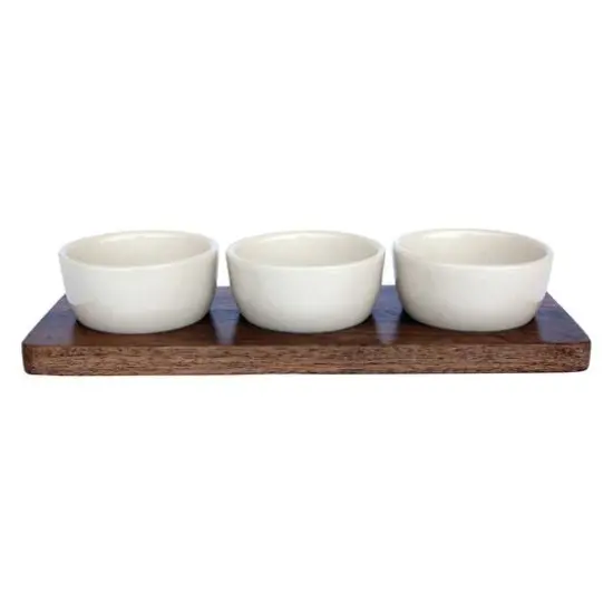 Hello Honey&reg; Cream Stoneware Bowls & Natural Mango Wood Tray Set {3}