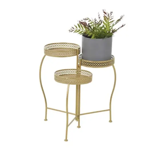 20" Gold Metal Curved Folding 3 Tier Plantstand with Floral & Scroll Patterns {1}