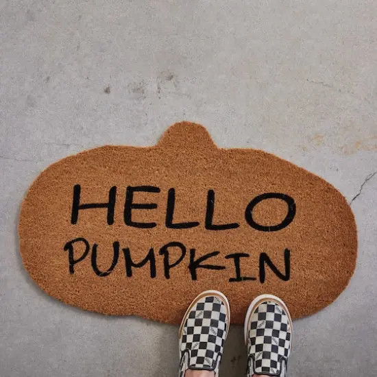 Hello Honey&reg; 30" Natural & Black Coir Hello Pumpkin Shaped Doormat {3}