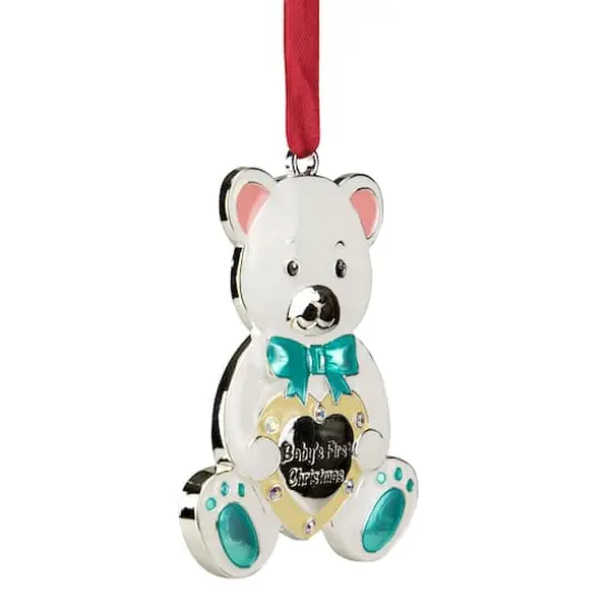 3" Pastel & Silver Plated Bear Baby's First Christmas Ornament with European Crystals {8}
