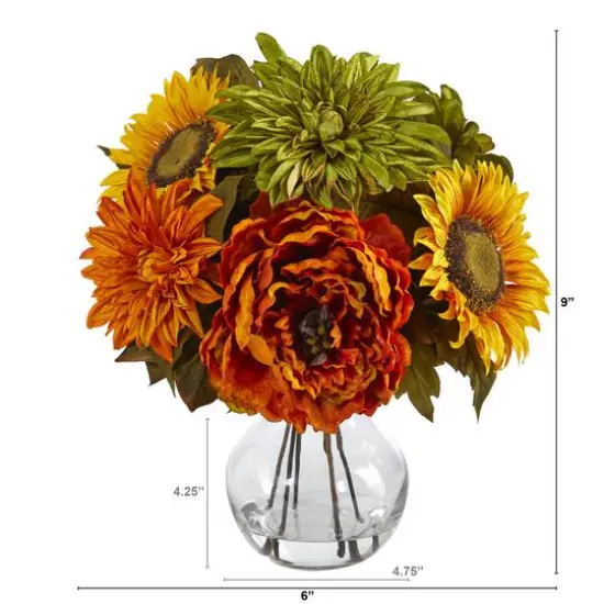 12" Peony, Dahlia & Sunflower Arrangement in Glass Vase {3}