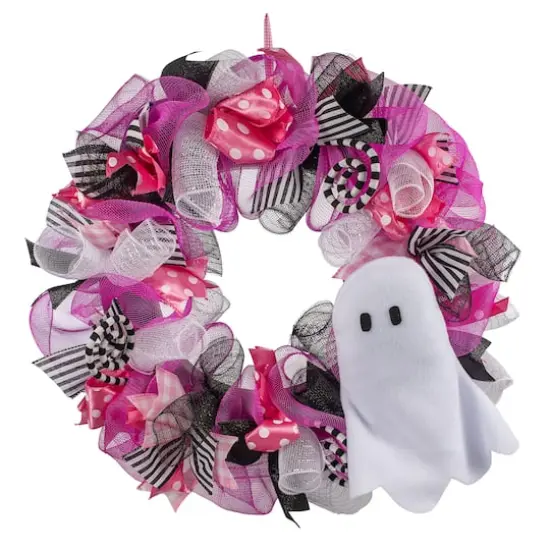 24" Pink, Black & White Mesh & Ribbon Wreath with Ghost by Ashland&reg; {1}