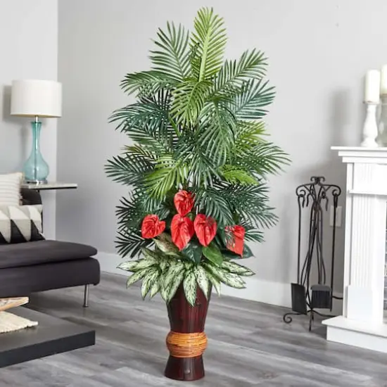 5ft. Areca & Mixed Greens Plant in Bamboo Planter {4}