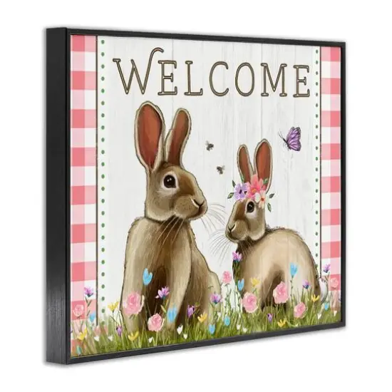 Stupell Industries Welcome Plaid Spring Garden Rabbits Framed Giclee Art Black {4}