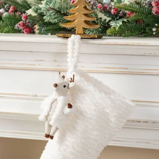 Glitzhome&reg; 21"L White Plush Christmas Stocking with Reindeer Ornament {4}