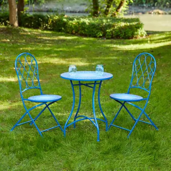 Glitzhome&reg; 28" Blue Outdoor Metal Folding Bistro Table with Ceramic Tile Top {9}