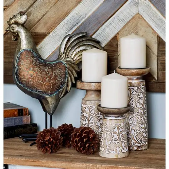 Brown & White Mango Wood Floral Candle Holder Set {10}