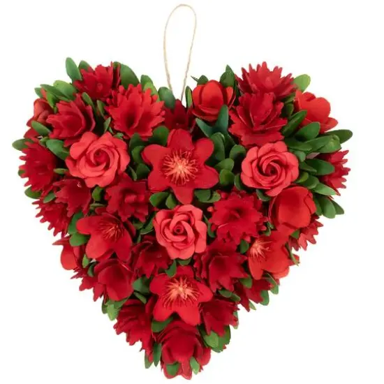 12.25" Mixed Floral with Wooden Flowers Artificial Valentine's Day Heart Wreath {1}
