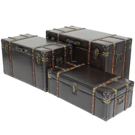 Dark Brown Faux Leather Studded Trunk with Latches & Handles Set {6}