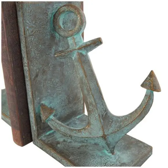 8.5" Blue Polystone Anchor Distressed Patina Bookends with Gold Foil Accents Set {8}