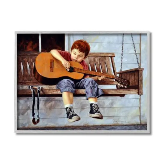 Stupell Industries Boy Strumming Guitar Front Porch Wall Art in Gray Frame {1}