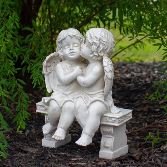 9.75" Kissing Cherubs Sitting on Bench Outdoor Garden Statue {3}