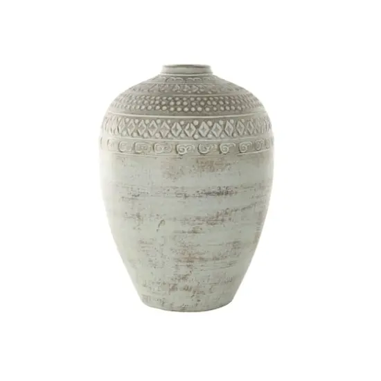 15.25" Green Ceramic Handmade Antique Style Decorative Vase with Geometric Tribal Carvings {1}