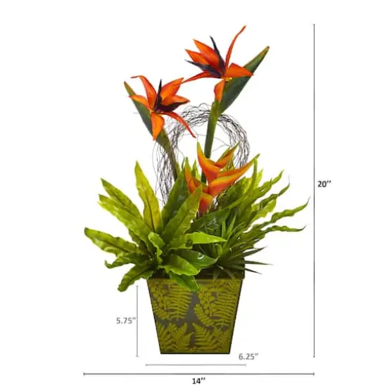 20" Tropical and Succulent Artificial Arrangement in Green Vase {3}